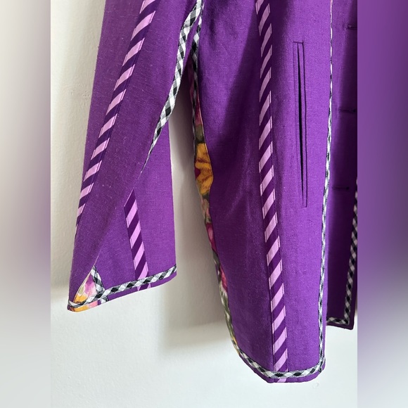 Koos of Course Purple Linen Blend Floral Striped Checker Silk Ribbon Blazer - Picture 2 of 8
